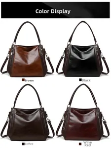 Color display of retro soft leather tote bags in brown, black, coffee and wine red