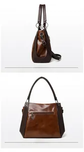 Detail view of vintage faux leather tote bag with back zipper pocket and crossbody strap