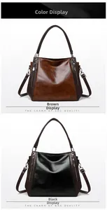 Detail view of large soft leather tote bags in brown and black with polished finish