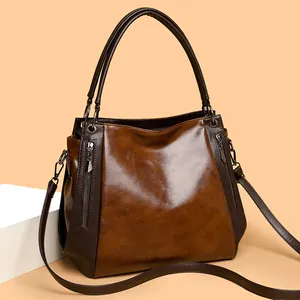 Vintage PU Leather Tote Bag For Women Large Capacity Oil Wax Skin Commuter Handbag With Shoulder Strap Office Lady Shell Bag