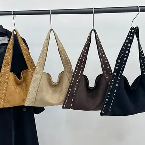 Sac à Épaule Vintage pour Femme Texture Daim Grande Capacité Rivets Oeillets Métalliques Sac Cabas Hobo Rétro Urbain