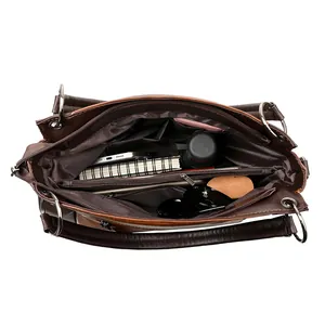 Large dark brown faux leather tote bag with spacious compartments for daily essentials