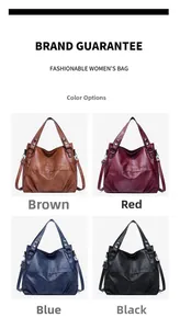 Detail view of four textured leather handbags in brown red blue and black with top handles