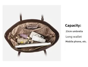 Top view of deep brown tote bag interior showing large capacity for daily essentials