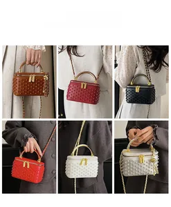 Collage of model carrying mini beaded vanity bags in six various elegant colors