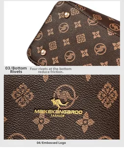 Gros plan des rivets dorés et du logo sur le sac à main en cuir marron avec imprimés