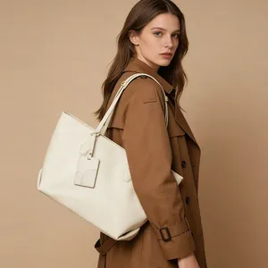 Fashionable cream faux leather tote bag with long shoulder straps and large capacity
