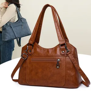 Sac Fourre-tout en Cuir PU Grande Capacité pour Femmes Motif Litchi Vintage Sac à Main Sac à Bandoulière Décontracté avec Sangle
