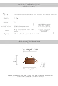 Guide des tailles avec dimensions du sac à bandoulière marron à texture tissée élégant