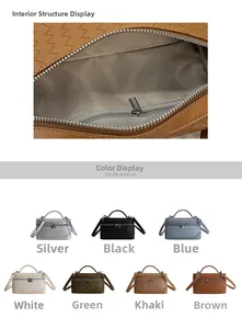 Détails du sac bandoulière tissé montrant la poche zippée et les sept options de couleurs