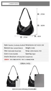 Detalle del bolso de media luna negro con dimensiones y comparación de tamaño con equipos