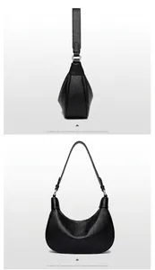 Vistas detalladas del bolso hobo de cuero negro que muestra estructuras lateral y trasera
