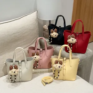 Women Minimalist PU Leather Bucket Bag Lychee Texture Large Capacity Handbag With Bear Charm Adjustable Shoulder Strap Commute