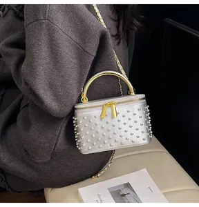 Close-up of a silver vanity bag with metallic studs and a dual-zipper closure design