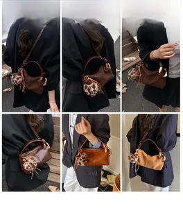 Collage of brown vintage pillow bags with leopard heart charms shown on models