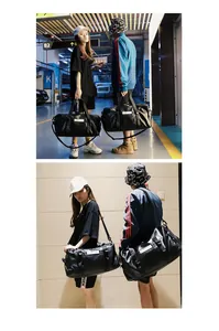 Détail du sac de sport en cuir PU noir imperméable avec poignées et bandoulière réglable