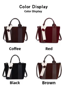 Four-color display of matte suede tote bags with scarf detail and adjustable straps