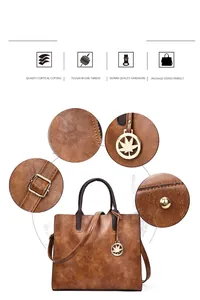 Détails du sac seau marron caramel avec texture grainée et pendentif feuille dorée