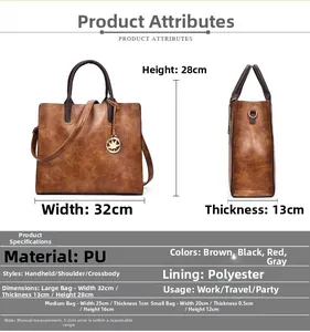 Tableau des tailles du sac seau marron et des pochettes en similicuir assorties