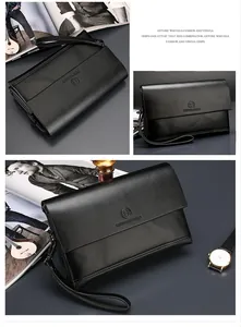 Macro-opname van herenleren clutch met lychee-textuur en reliëflogo-afwerking