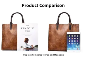 Comparaison de taille du sac cabas marron avec un magazine Kinfolk et un iPad sur fond blanc