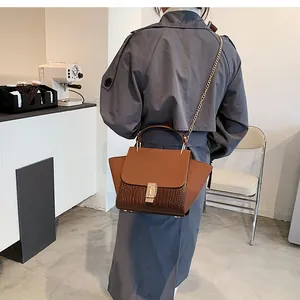 Detail of brown embossed leather handbag with metal buckle and chain strap shown on model