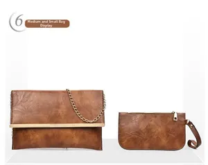 Détails d'un ensemble de sacs en similicuir marron avec chaîne et fini texturé