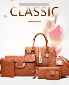 Detailed six-piece brown synthetic leather handbag set with diamond lattice texture