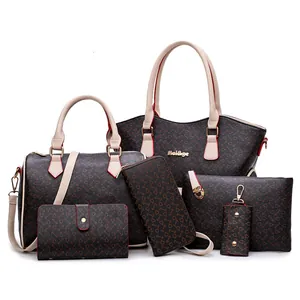 Conjunto de 6 bolsos de mano marrón oscuro con bolso tote y accesorios a juego