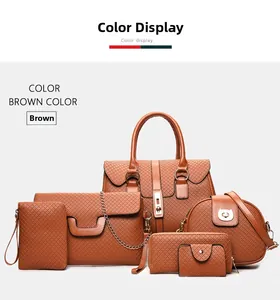 Brown 6-piece handbag set with quilted texture including tote and crossbody bags