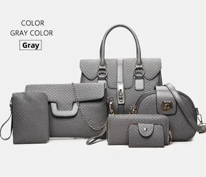 Gray six-piece handbag set featuring elegant diamond quilted texture and golden hardware