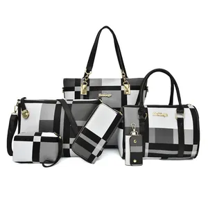 Ensemble chic de 6 sacs à main à carreaux pour femmes incluant cabas et sacs bandoulière noirs