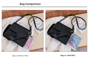 Detailansicht schwarze Umhängetasche Krokodilmuster im Vergleich zu iPad mini und iPhone