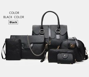 Detail of black 6-piece handbag set featuring woven texture and gold hardware accents