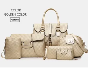 Golden 6-piece handbag set featuring rhombus embossed PU leather with metallic cat buckle
