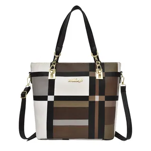 Ensemble 6 pièces de sacs cabas à carreaux marron et blanc avec logo doré et bandoulière