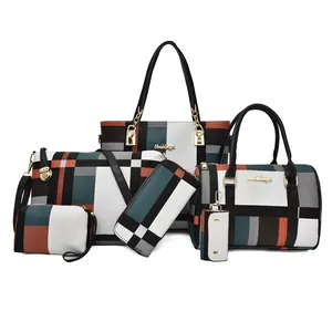 Modernes 6-teiliges Handtaschen-Set mit geometrischem Farbmuster und goldener Hardware