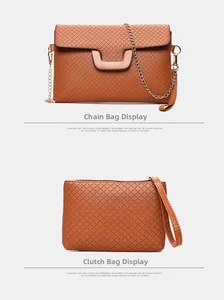 Detail view of brown woven crossbody chain bag and matching clutch purse set