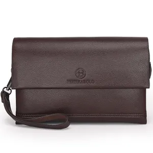 Donkerbruine heren business clutch van leer met litchi textuur en polsbandje