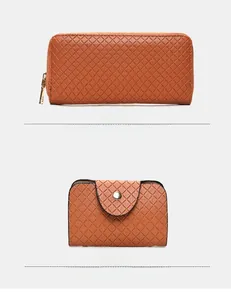 Detail of caramel brown quilted wallet and flap card holder with gold hardware set