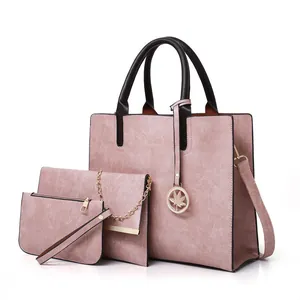 Ensemble de 3 sacs à main seau rose foncé en similicuir avec pendentif feuille élégant