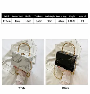 Detailed size specifications for marble print PU leather box bag with dimensions and weight