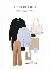 Conjunto de moda femenina con cárdigan de punto, blusa azul y bolso blanco