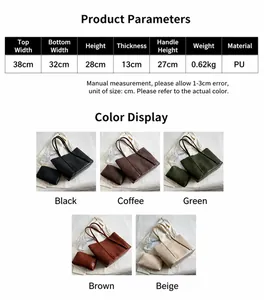 Detailed size chart and specifications for large PU leather tote bag with dimensions
