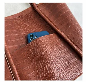 Close-up of the practical back pocket on a brown crocodile texture tote bag for women