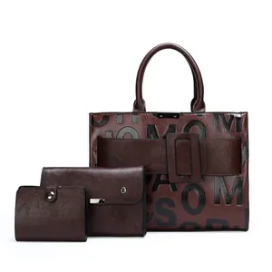 Three-piece women's brown leather tote set with letter embossing and shoulder strap