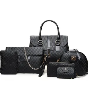 6-piece black faux leather handbag set featuring quilted texture and gold hardware