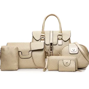 Champagne gold 6-piece handbag set with diamond lattice pattern and golden hardware