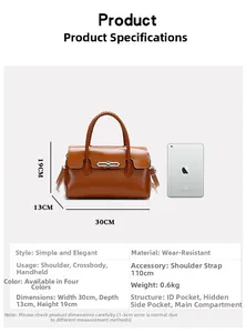 Brown leather handbag dimensions 30x19x13cm shown with iPad for size reference