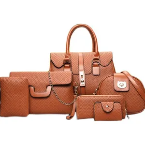 Brown 6-piece quilted leather handbag set with shoulder bags and gold hardware
